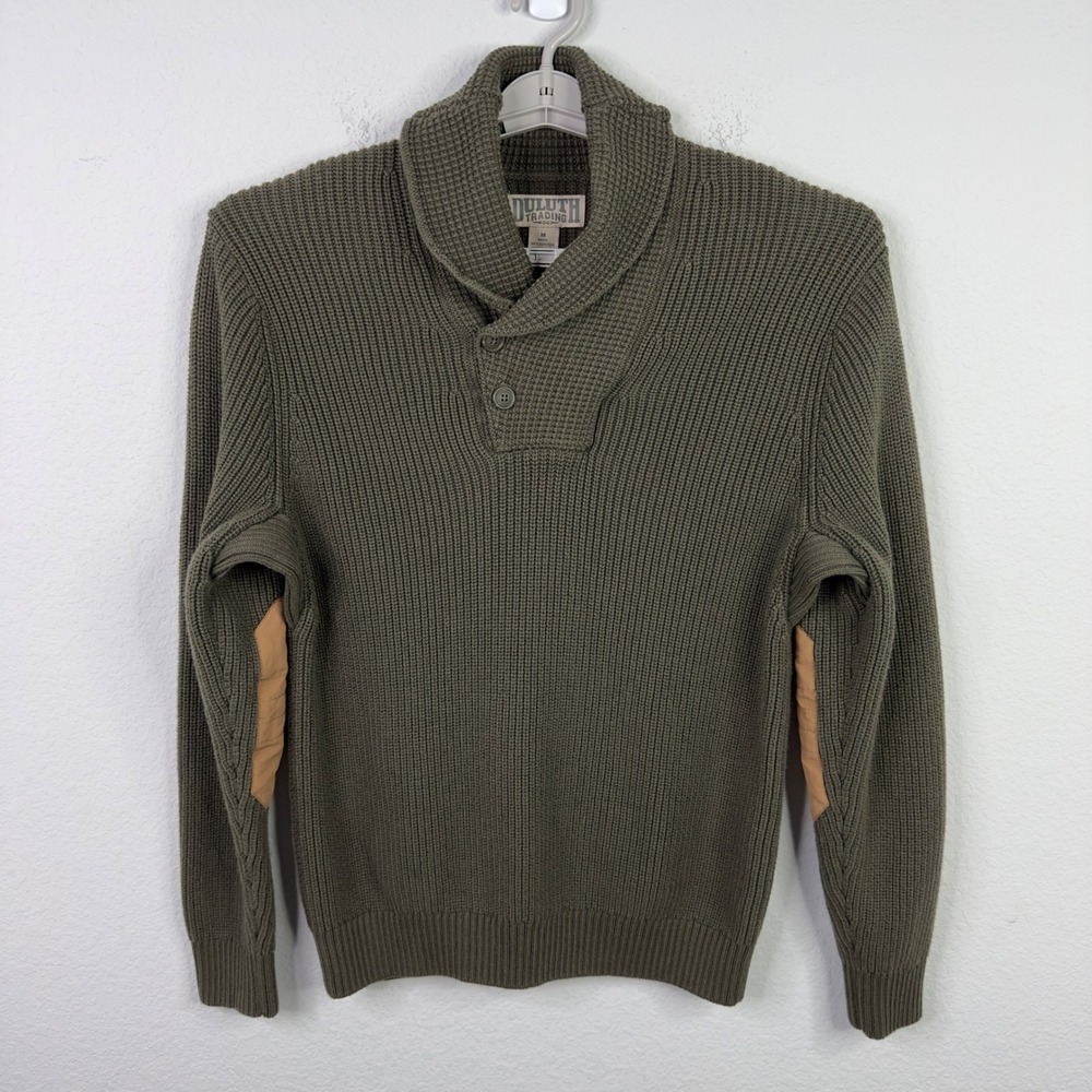 Duluth Trading Sweater Mens M Green Shawl Waffle Knit Preppy Outdoors Cabincore